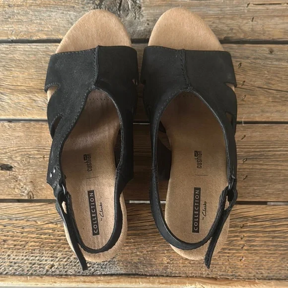 Clarks Black Wedge Sandals with Cork Platform - Picture 3 of 5